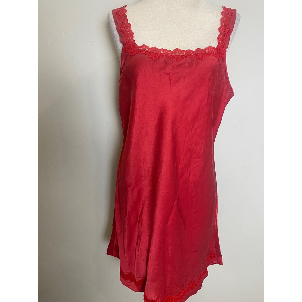 Vintage Olga Red Silk Slip Dress Lace Trim Matte Sheen Nightgown Large 70s 80s